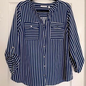 Notations Navy Blue Striped 3/4 sleeve blouse